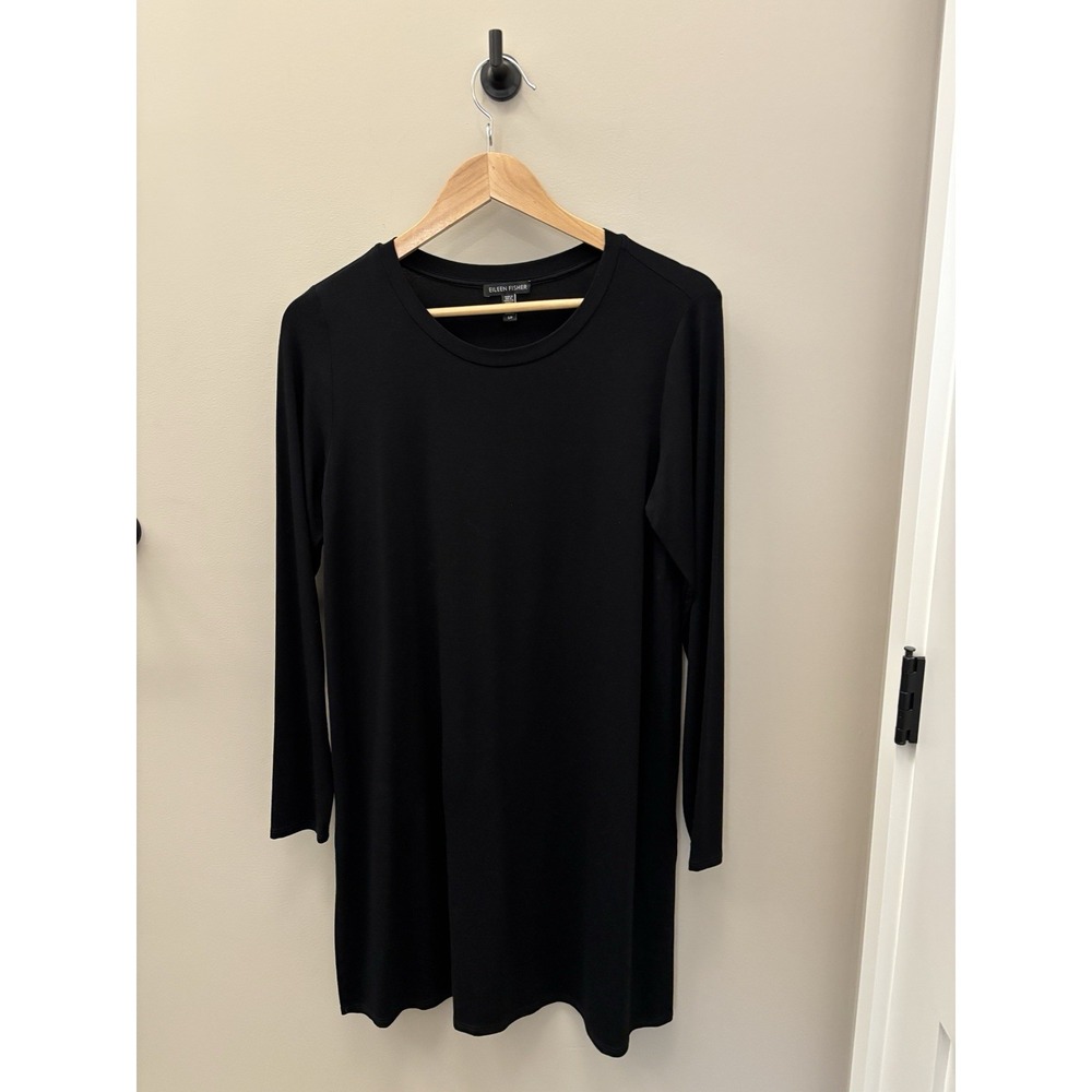Eileen Fisher dress long sleeved black S/P skills in spandex flaps on side